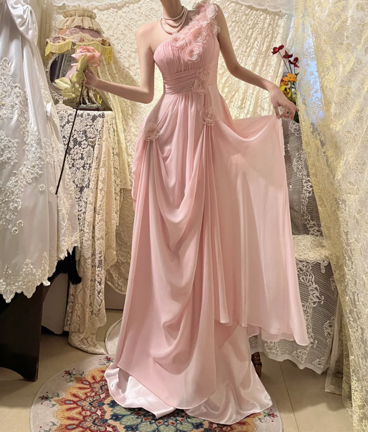 Classy Pink One Shoulder Chiffon Pleated Appliques Long Party Dress Prom Dress Formal Wedding Guest Dress