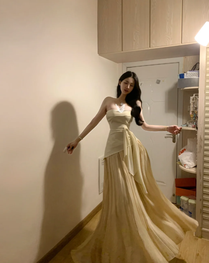 Sexy Strapless Apricot Satin Mermaid Long Prom Gown Formal Birthday Party Dress