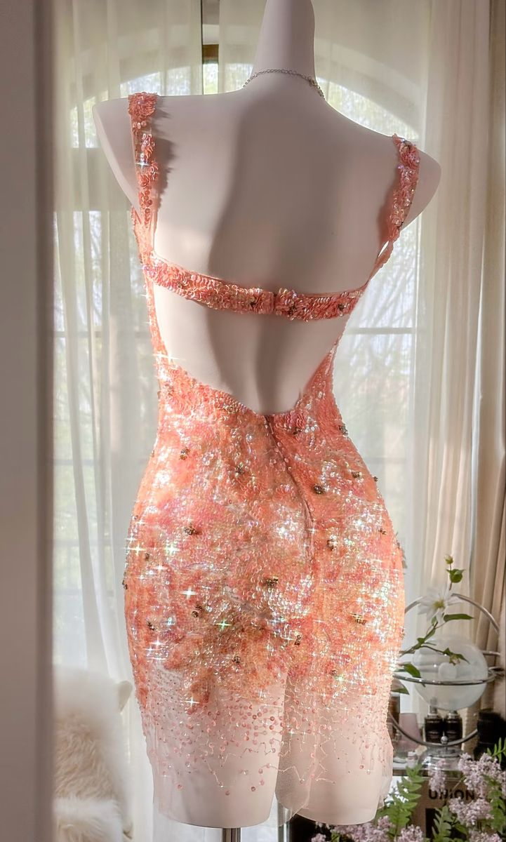 Glitter Orange Sequins Sheath Backless Homecoming Dress V Neck Cocktail Dress