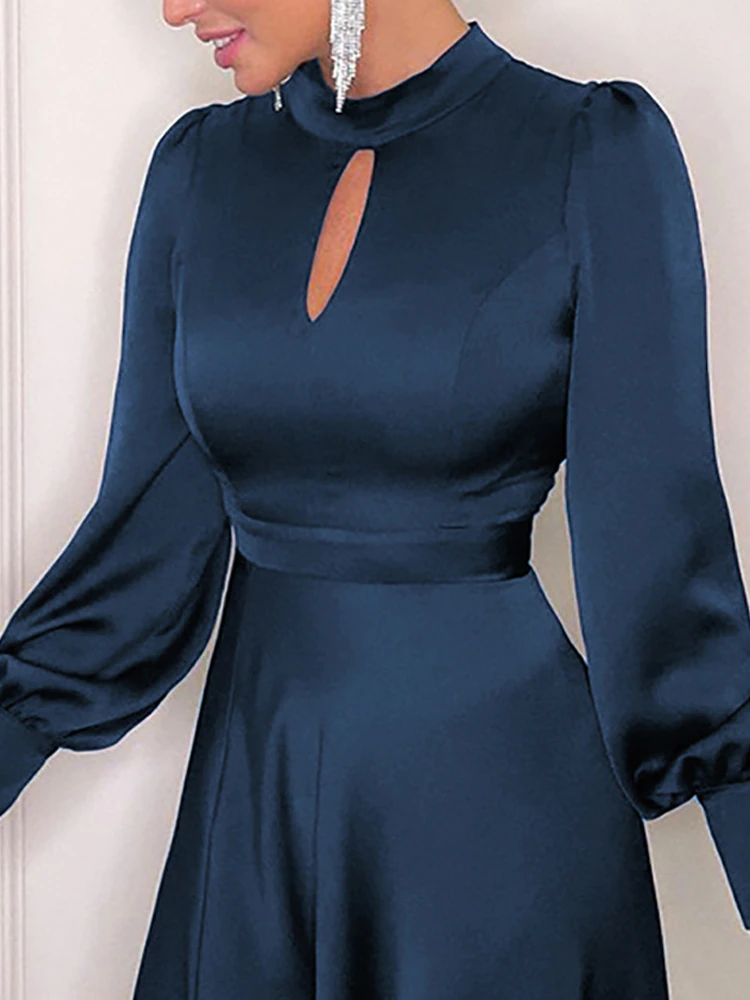 Elegant Simeple Prom Dress With Long Sleeves Split Evening Dress Women's Plain Puff Sleeve O-Neck Long Dress