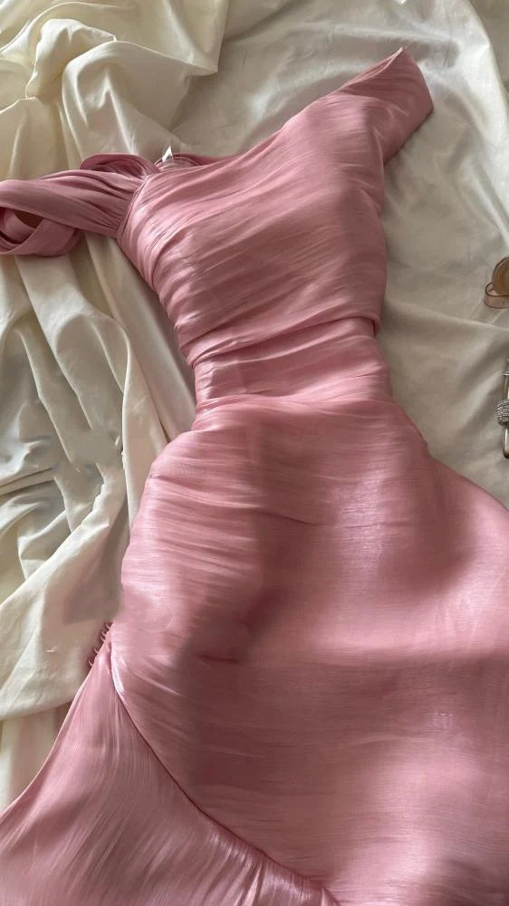 Pretty Sheath Pink Long Ruffles Prom Dresses Formal Evening Dress