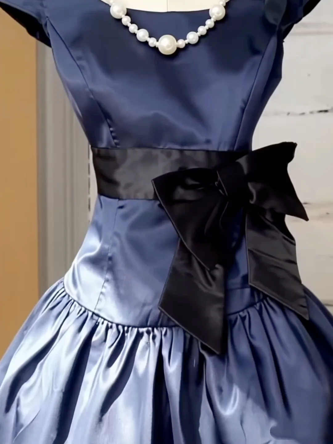 Vintage Navy Blue Satin Bow A Line Short Party Dress Formal Homecoming Dress