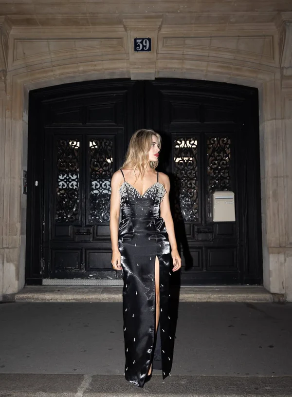 Gorgeous Spaghetti Straps Satin Beaded Slit Evening Dress,Black Prom Party Dress