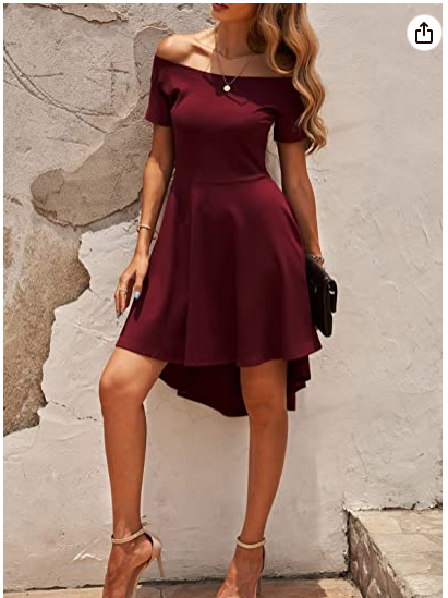 Women Off The Shoulder Short Sleeve High Low Hem Club Cocktail Skater Dress
