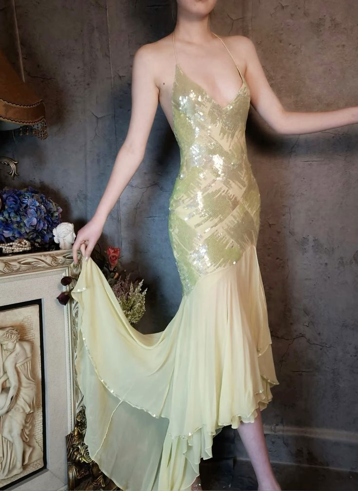 Sparkly Halter Yellow Sequin Chiffon Mermaid Evening Dress Long Birthday Party Dress