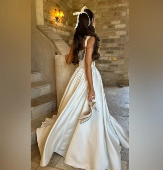 Simple Ball Gown Straps Ivory Satin Long Wedding Dresses Bridal Dress