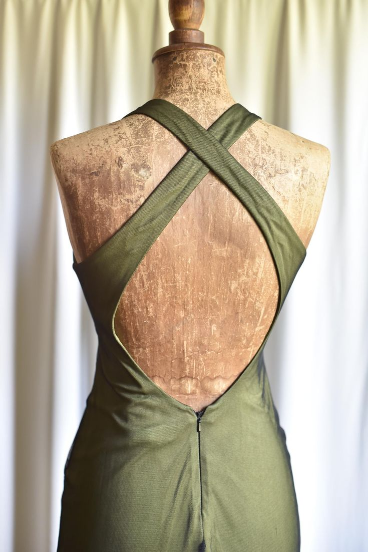 Vintage Olive Green Satin Tulle Beaded Mermaid Evening Dress Backless Long Party Dress