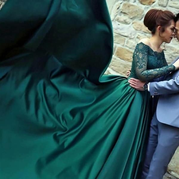 modest dark green party dress, off the shoulder prom dresses ,prom dress with long sleeves, evening gowns with lace