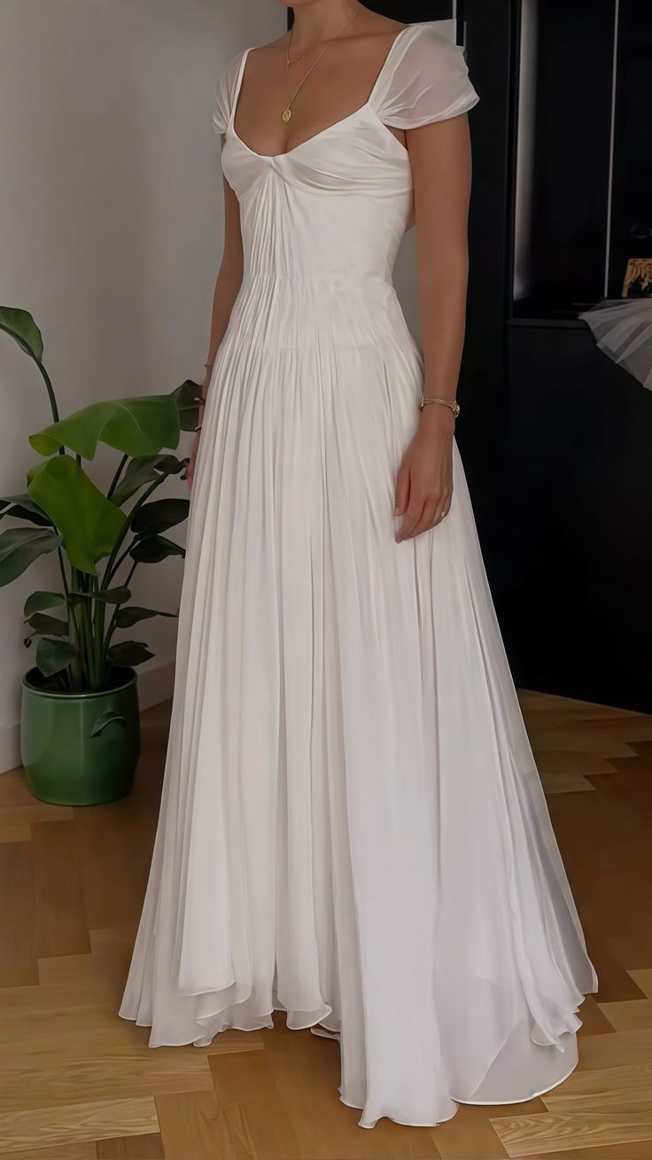 Classy V Neck White Chiffon Long Wedding Dress Bridal Dress