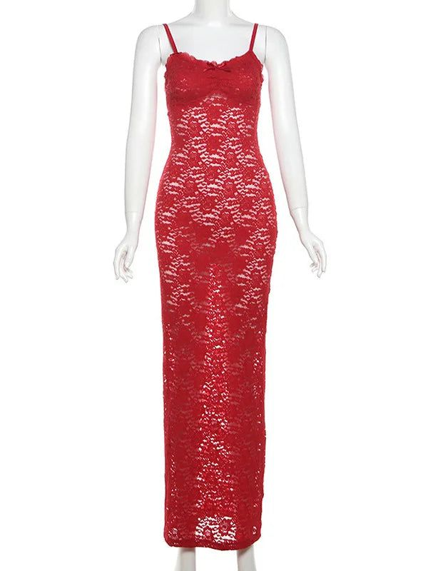 Sexy Red Lace Sheath Prom Dress Spaghetti Straps Party Evening Dress