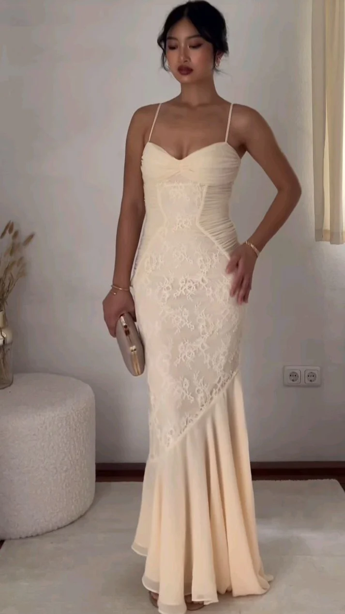 Charming Spaghetti Straps Lace Chiffon Mermaid Prom Dress Formal Evening Dress