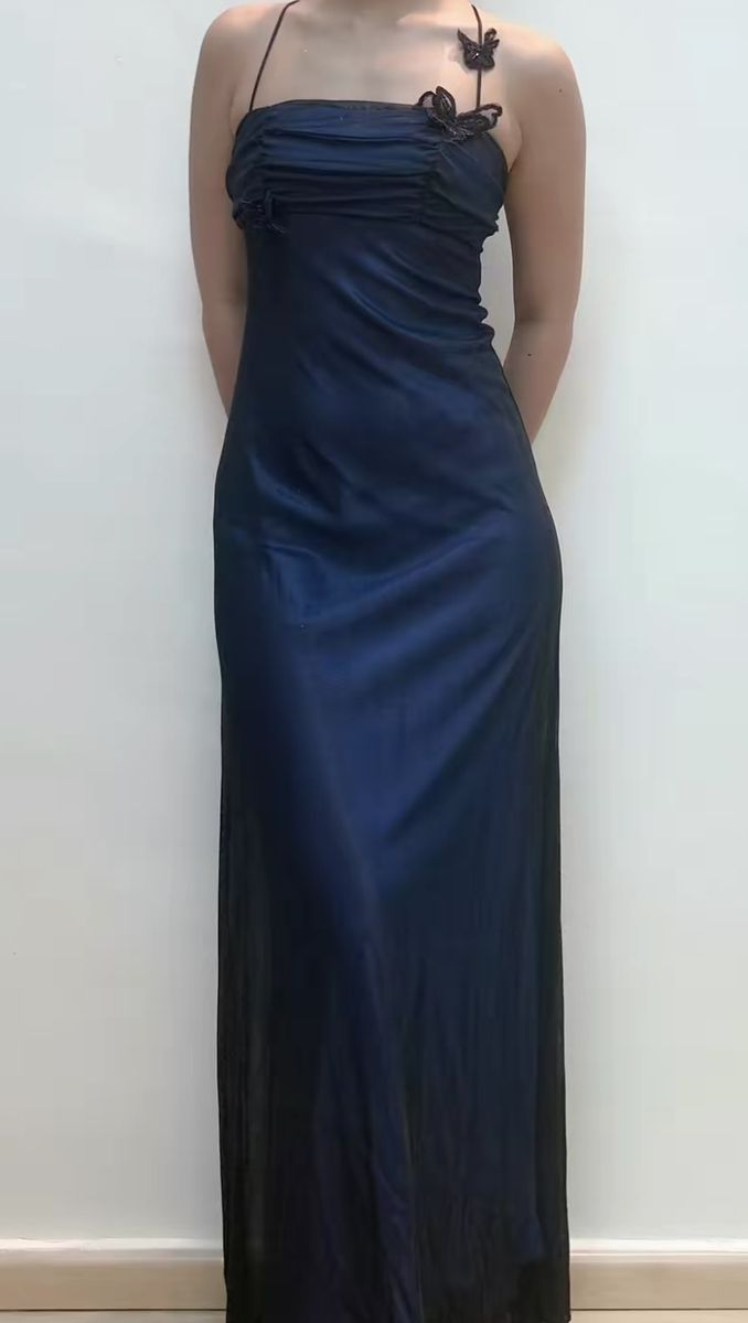 Sexy Halter Navy Blue Chiffon Sheath Long Evening Dress Birthday Prom Dresses