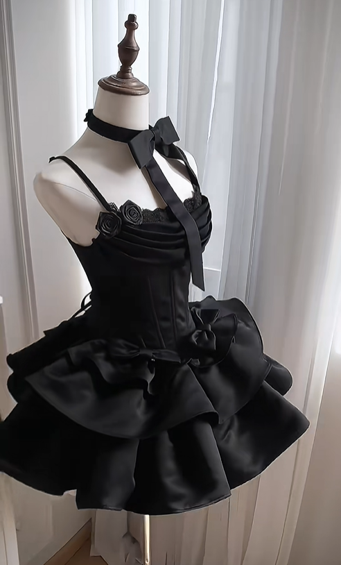 Elegant Black Spaghetti Straps Layered Short Birthday Party Dress 8th Grade Homecoming Dress