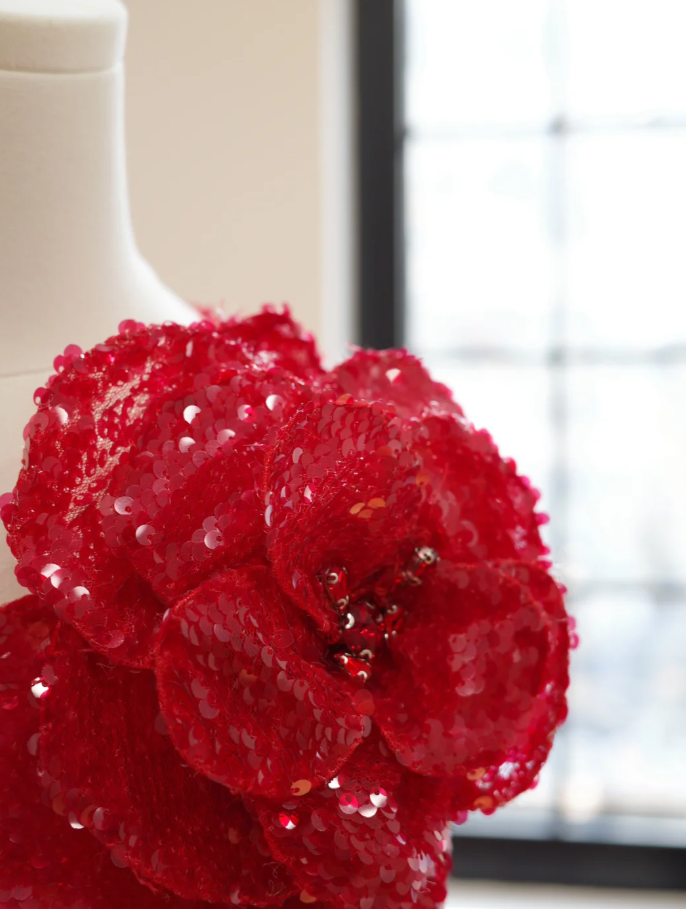 Sparkly Red One Shoulder Sequin Long Evening Dress Party Dress With 3D Flowers