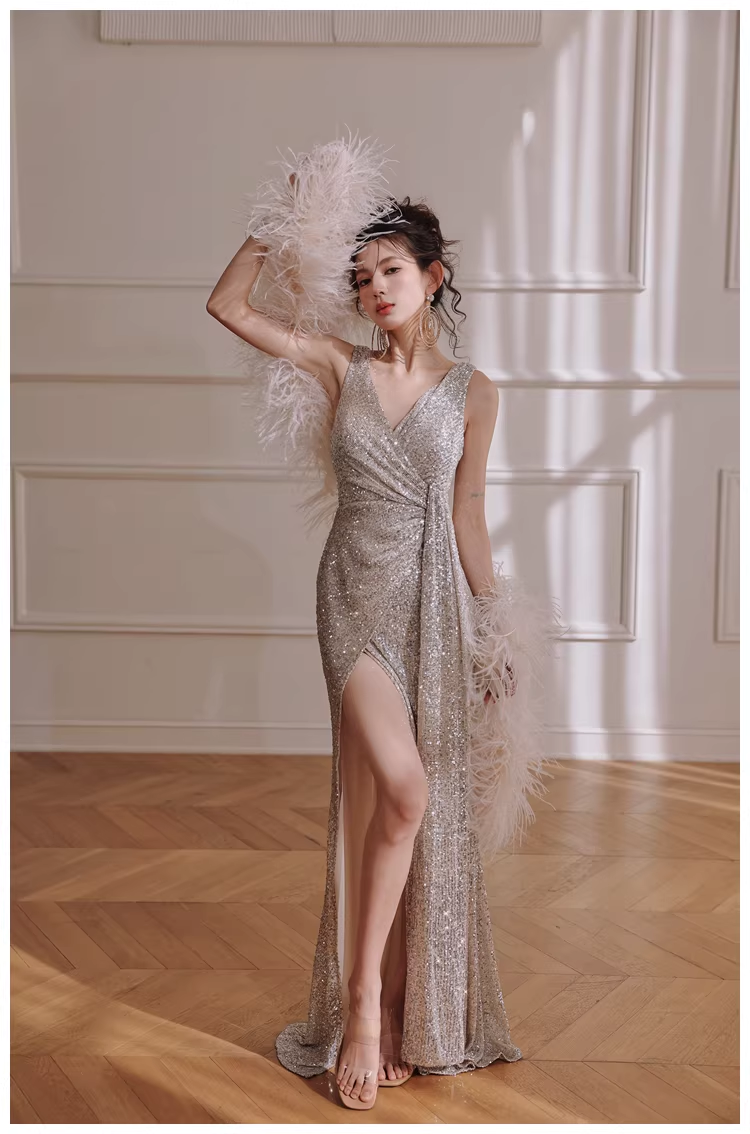 Glitter V Neck Silver Sequin Slit Mermaid Long Evening Dress Birthday Dress