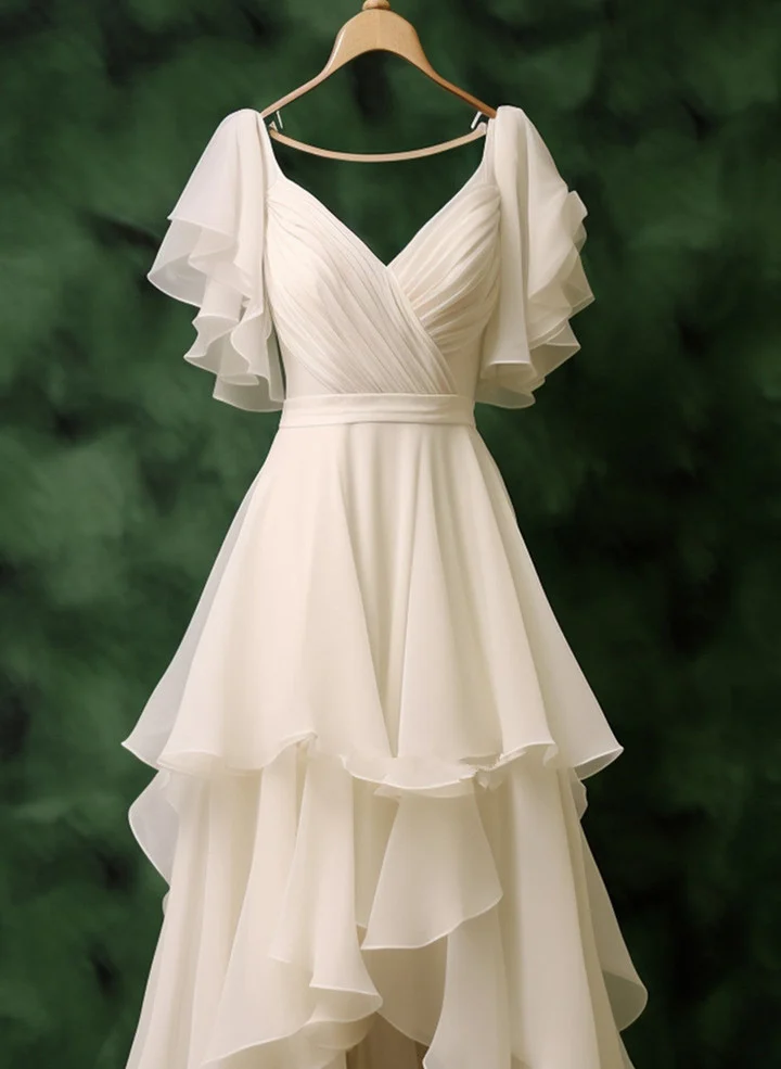 Pretty Chiffon V Neck Layered Prom Dress Elegant Long Wedding Dress