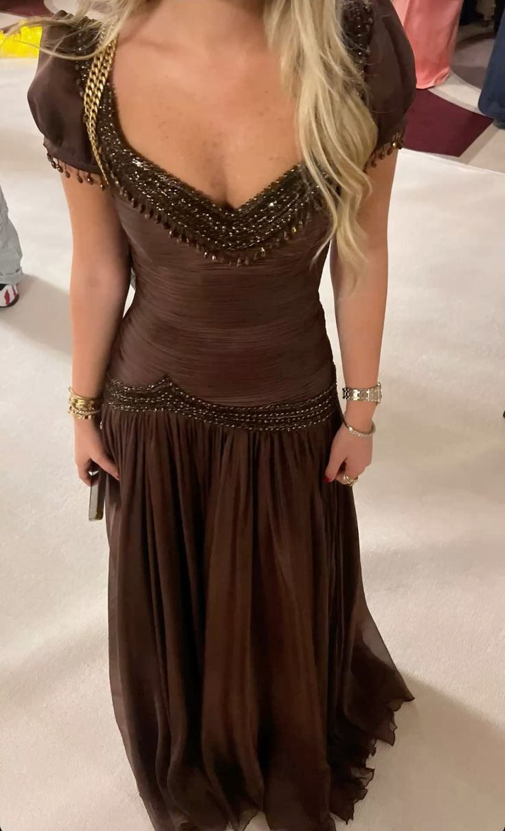Vintage V Neck Brown Chiffon Beaded Mermaid Party Dress Long Evening Gowns