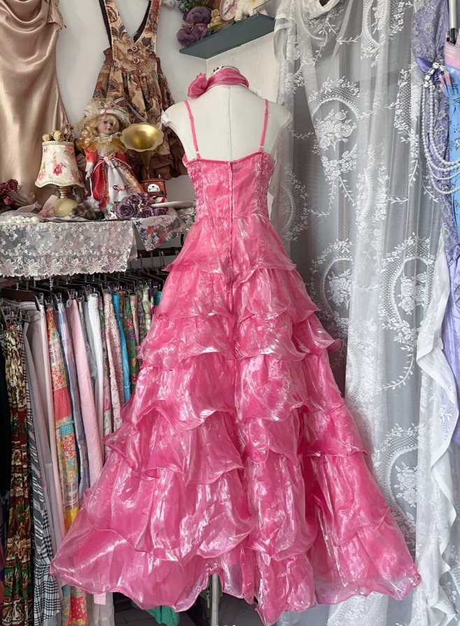 Pretty Halter Organza Pleated Pink Layered Long Party Dress Birthday Outfits