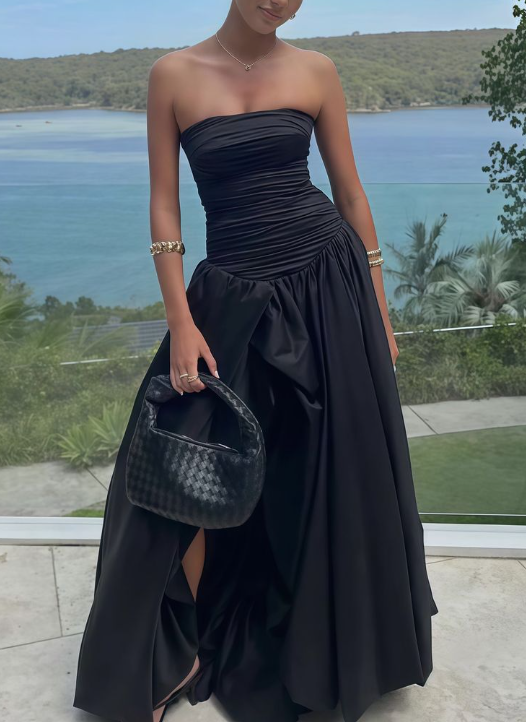 Fashion Black Ruched Slit Party Gown A Line Prom Evening Dress