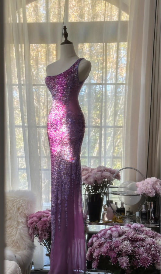 Glamorous Ombre Purple One Shoulder Chiffon Sequin Beaded Mermaid Long Evening Dress Birthday Party Dress
