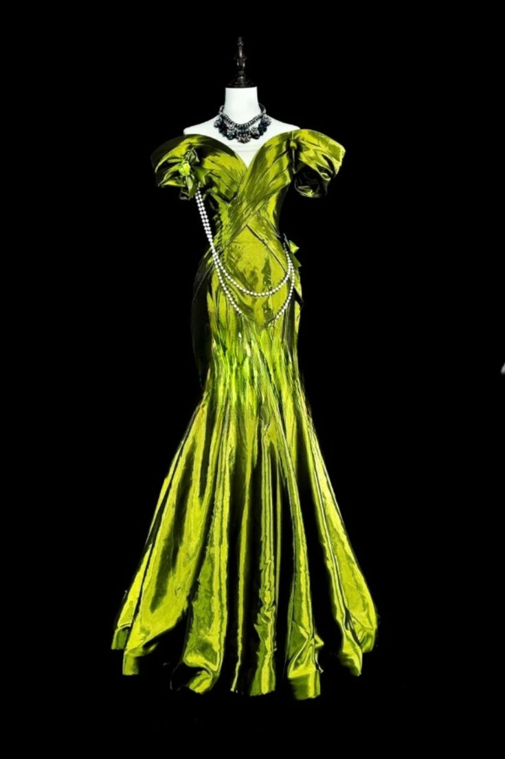 Unique Green Off The Shoulder Satin Pleated Mermaid Evening Dress Long Birthday Party Dress