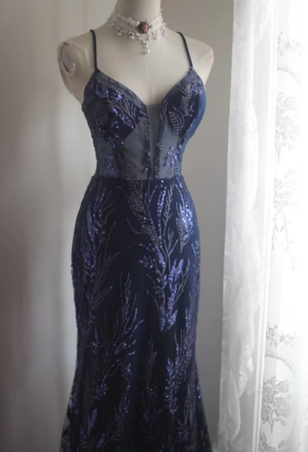 Luxurious Spaghetti Straps Tulle Sequin Mermaid Long Party Dress Navy Blue Evening Dress