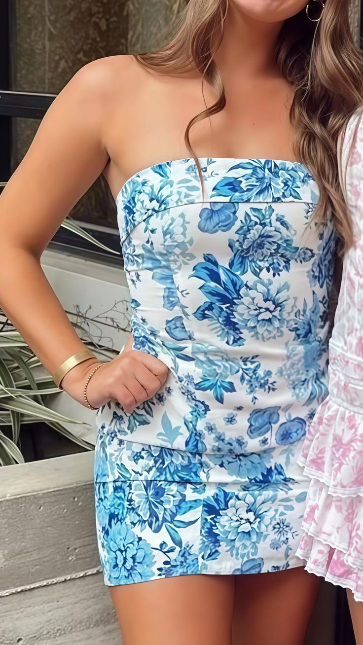 Unique Strapless Blue Satin Print Floral Sheath Short Cocktail Dress Formal Homecoming Dress