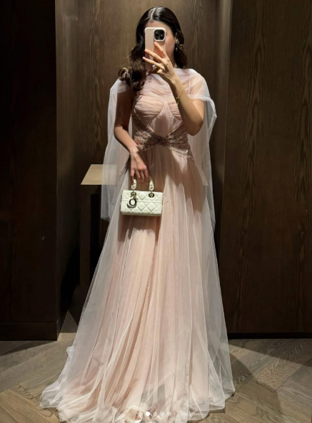 Charming Pink Tulle Beaded Long Party Dress Formal Wedding Guest Dress