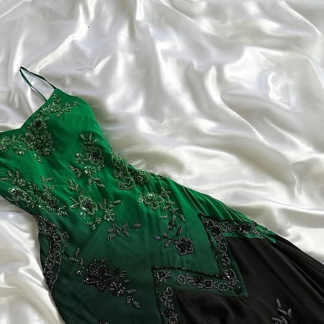 Unique Spaghetti Straps Green Ombre Chiffon Evening Dress Prom Dress With Beading