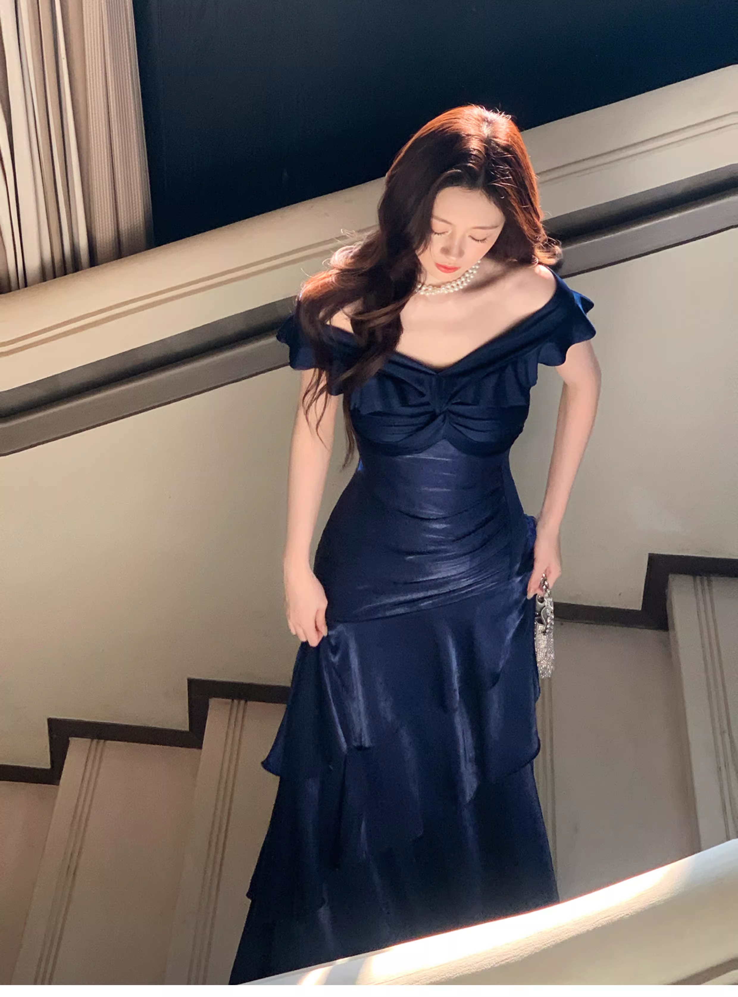 Stylish Navy Blue Off The Shoulder Satin Layered Ruffles Mermaid Long Evening Dress Prom Gown
