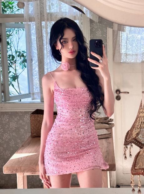 Pink Spaghetti Straps Sequin Sheath Short Birthday Outfits Classy Formal Graduation Homecoming Dress