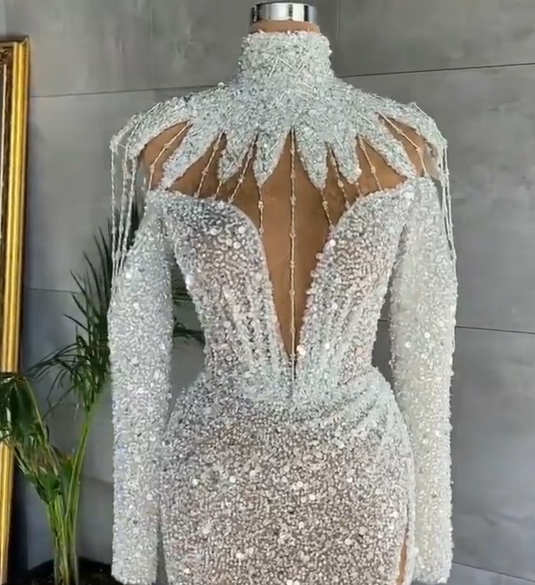 White Arabic Split Prom Dresses Luxury Beading Sequined High Neck Long Sleeve Women Plus Size Formal Evening Gowns