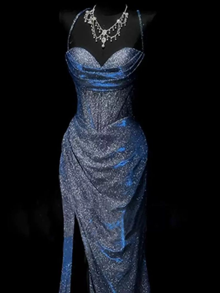 Pretty Mermaid Spaghetti Straps Navy Blue Satin Slit Party Dress