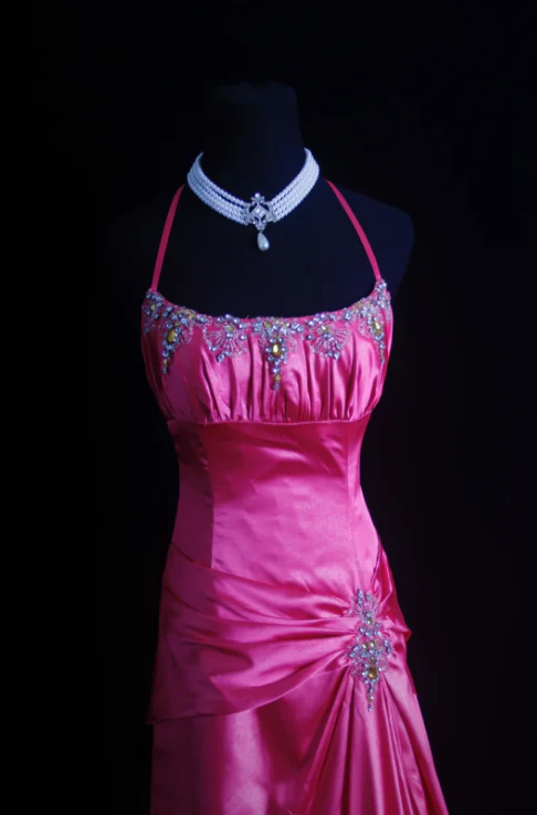 Pretty Halter Hot Pink Satin Pleated Beaded Evening Dress Backless Long Birthday Party Dress