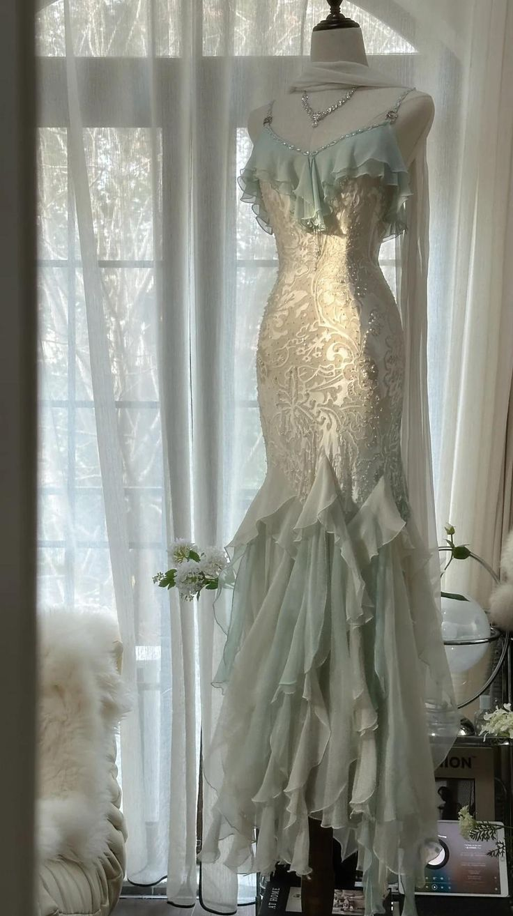 Classy Light Green Chiffon Beaded Mermaid Prom Dress,Spaghetti Straps Party Evening Dress