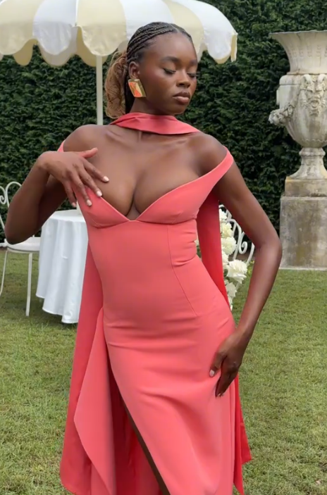 Elegant V Neck Coral Pink Side Slit Mermaid Long Wedding Guest Dress Party Dress