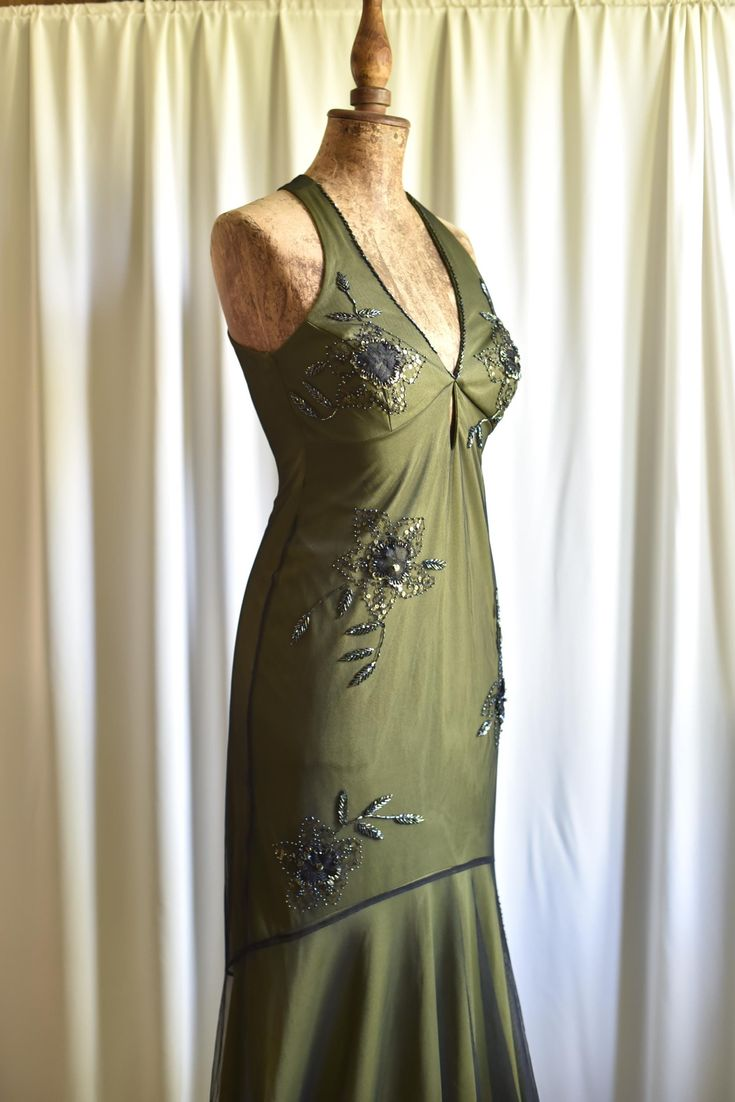 Vintage Olive Green Satin Tulle Beaded Mermaid Evening Dress Backless Long Party Dress
