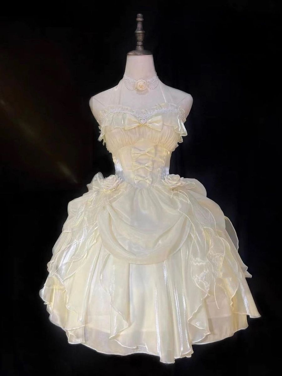 Sweet Yellow Halter Organza Short Prom Dress 15th Birthday Outfits