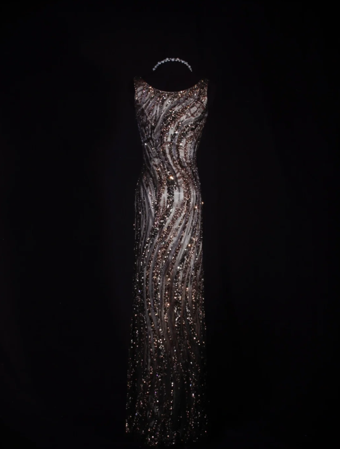 Retro Dark Brown Sleeveless Satin Sequin Beaded Long Evening Dress Birthday Dress