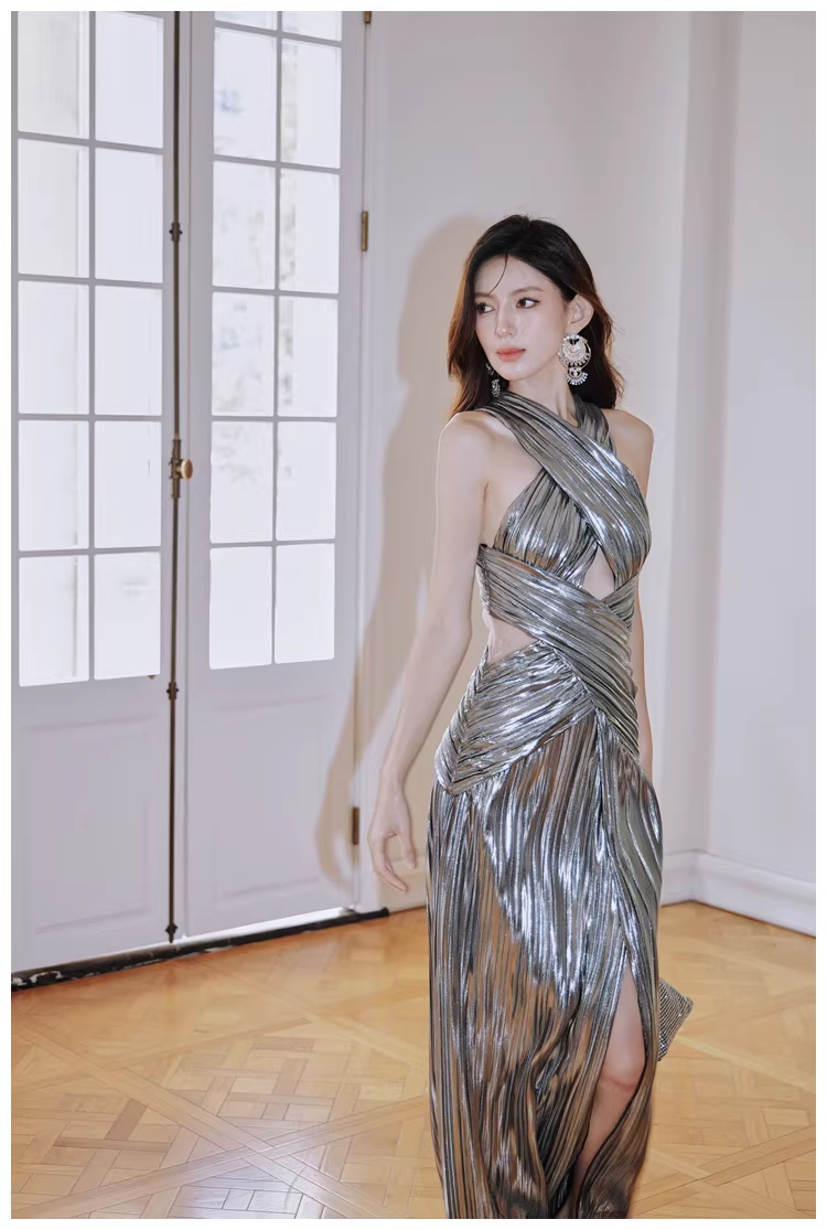 Fashion Silver Gray Satin Pleated High Slit Long Evening Dress Sexy Prom Dress
