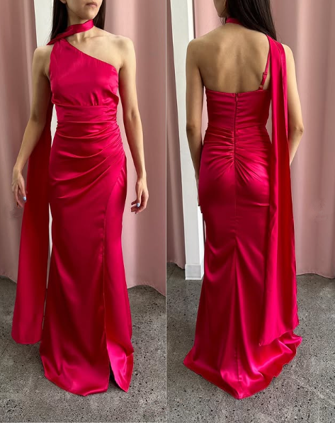 Gorgeous Hot Pink One Shoulder Satin Long Prom Dress,Mermaid Party Evening Dress