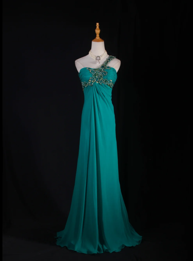 Unique One Shoulder Green Beaded Chiffon Mermaid Long Party Dress Formal Wedding Guest Dress