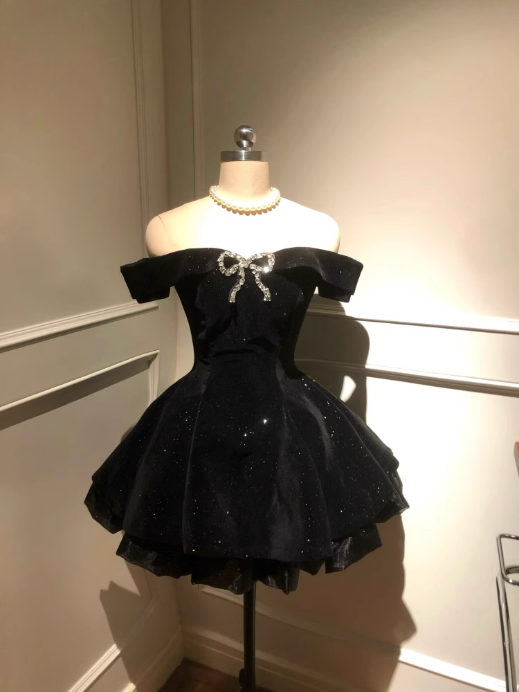Black Off The Shoulder Velvet Short Party Dress Birthday Dress