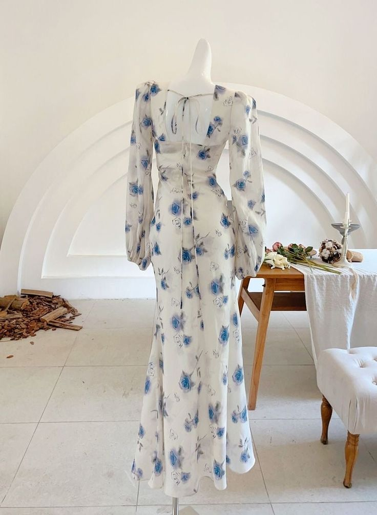 Classy Ice Blue Chiffon Rose Print Floral Prom Party Dress,Long Mermaid Evening Dress