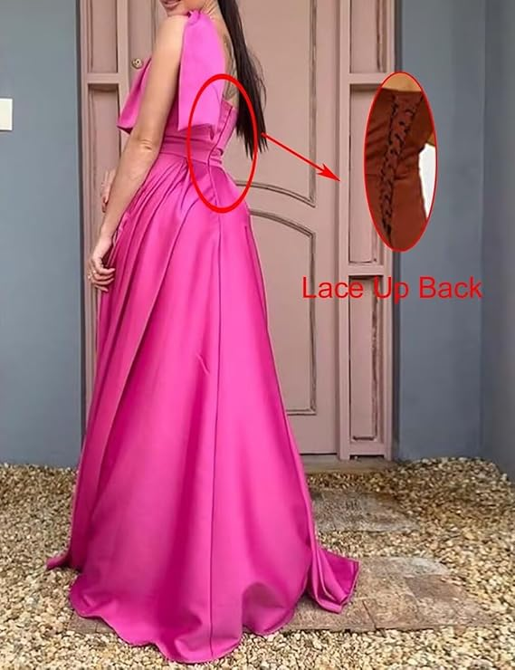Women's One Shoulder Pink Satin Long Evening Dress