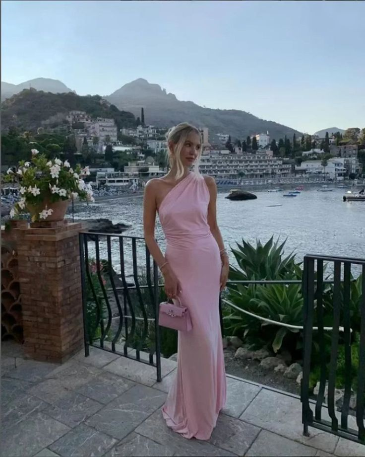 Fashion One Shoulder Pink Backless Party Evening Dress Sheath Prom Dress