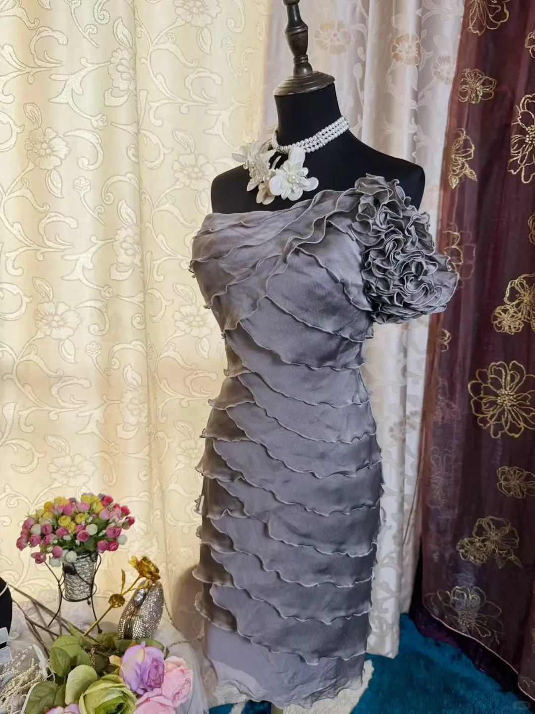 Vintage One Shoulder Gray Chiffon Sheath Cocktail Dress Formal Graduation Homecoming Dress