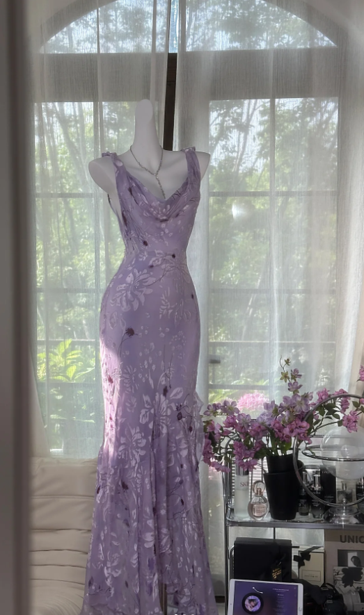 Pretty Lilac Chiffon Print Floral Beaded Mermaid Prom Dress Long Evening Dress