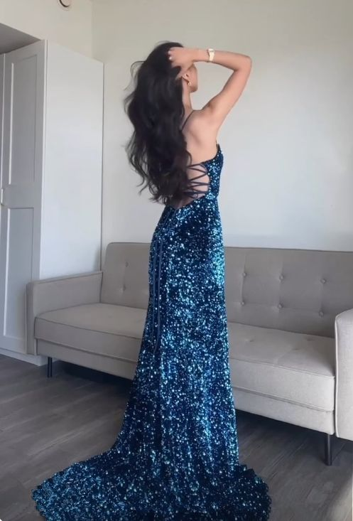 Sparkly Mermaid Sequin Blue Long Prom Dress Spaghetti Straps Evening Dress