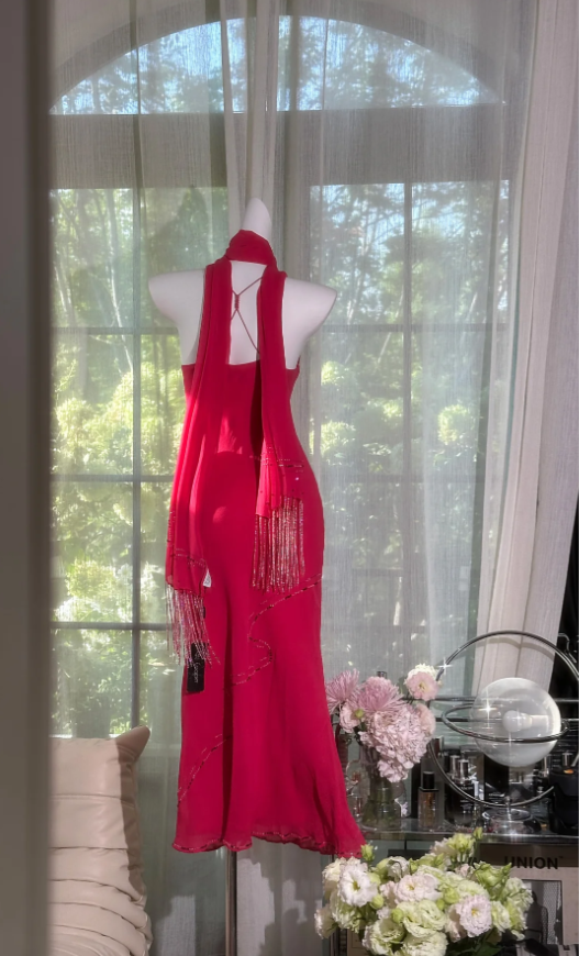 Classy Red Halter Chiffon Beaded Mermaid Long Evening Dress Birthday Party Dress